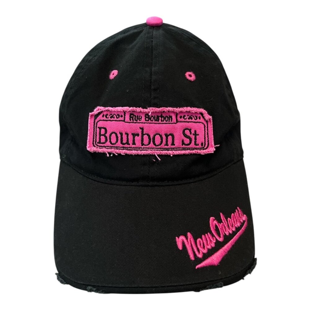Bourbon Street New Orleans Hat – Pink Embroidery – Adjustable Distressed Cap by
